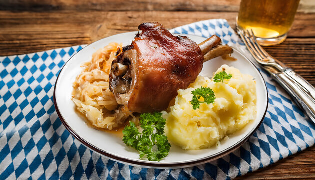 knusprige, schweinshaxe, mit, sauerkraut, neu, close up, m&uuml;nchen, bayern, bayrisch, wiesn, kartoffelbrei, holz, blau-wei&szlig;, kariert, tuch, deko, oktoberfest, wirtshaus, gastronomie, ad, sch&ouml;n, photo, 1