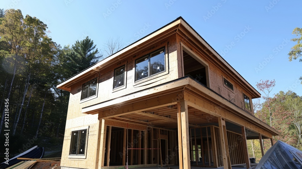 Aufkleber an energy-efficient home under construction, utilizing advanced insulation and sustainable building 