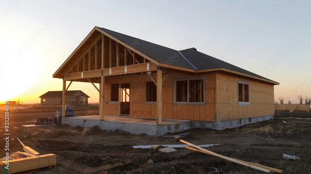 Aufkleber an energy-efficient home under construction, utilizing advanced insulation and sustainable building 