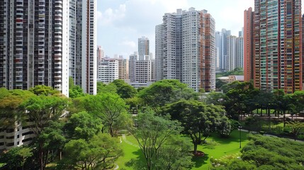 Fototapeta premium A serene city park nestled among towering buildings, offering a peaceful retreat from the urban hustle.