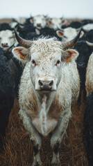 Obraz premium A Herd of Cattle in a Lush Field, Centered on a Determined Bull