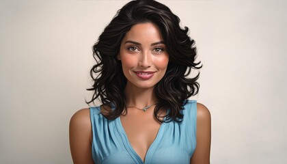 Fototapeta premium studio portrait of brunette woman wearing a light blue dress on white background 