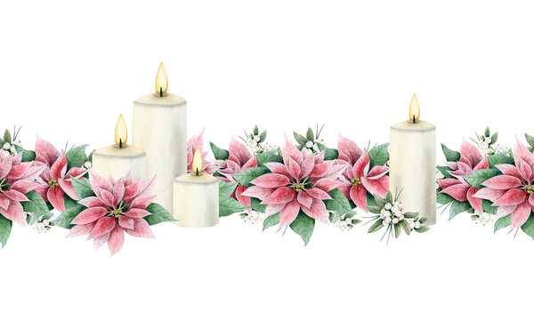 Christmas candles with poinsettia flowers and snowberry watercolor seamless borders for New Year holiday greeting cards and floral banners in realistic style and vintage colors