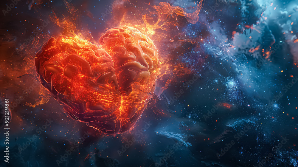 Poster a heart made of brains is floating in space. concept of wonder and curiosity about the universe and 