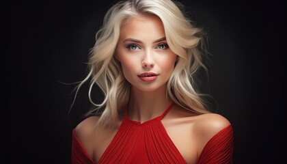 Naklejka premium studio portrait of a blonde woman wearing a red dress on black background
