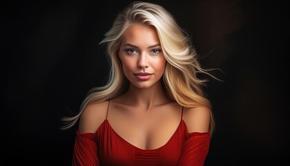 Fototapeta premium studio portrait of a blonde woman wearing a red dress on black background