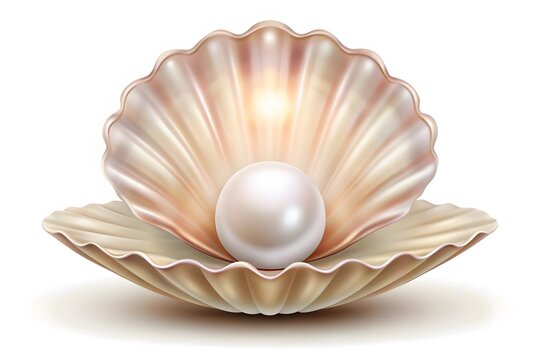 Sea shells with pearl inside. Gem, women's jewelry, nacre bead. For your banner, poster, logo. Sea shell, shiny sea pearl isolated on white background, 3d illustration
