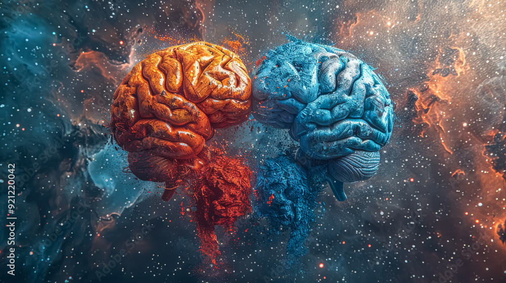 Poster a heart made of brains is floating in space. concept of wonder and curiosity about the universe and 