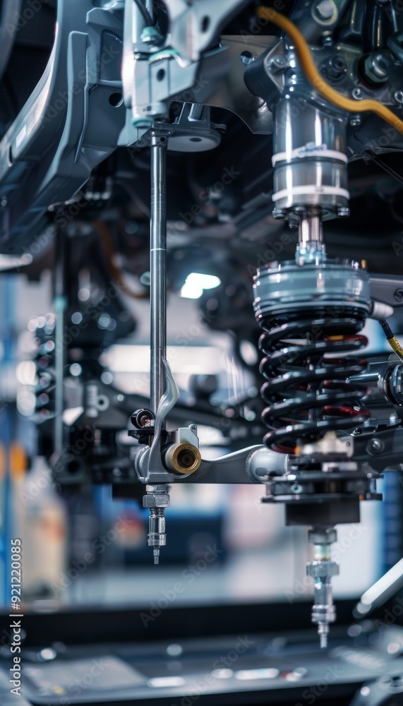 Poster engineers testing car suspension system on hydraulic rig - auto mechanics and dynamics