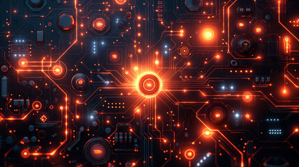 Obraz premium A close up of a circuit board with red lines and glowing dots