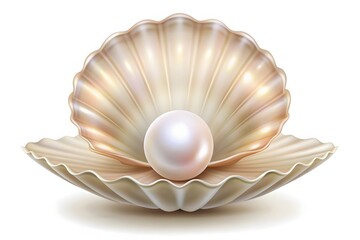 Sea shells with pearl inside. Gem, women's jewelry, nacre bead. For your banner, poster, logo. Sea shell, shiny sea pearl isolated on white background, 3d illustration
