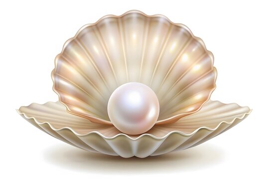 Sea shells with pearl inside. Gem, women's jewelry, nacre bead. For your banner, poster, logo. Sea shell, shiny sea pearl isolated on white background, 3d illustration
