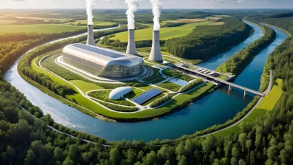 Industrial Harmony - A modern power plant nestled in a verdant landscape, balancing energy production with environmental consciousness
