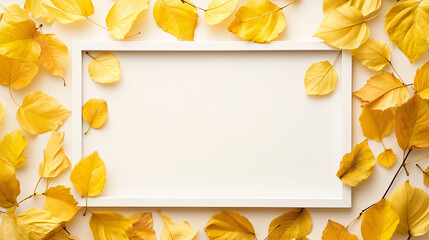 White background blank frame with yellow leaves in autumn light, minimalism style. Perfect for autumn home decor or interior design.