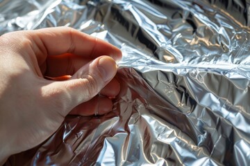 Fototapeta premium Reflective Insulation Material Handheld Close-Up for Construction and DIY Projects