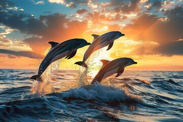 Dolphins leaping from ocean at sunset with vibrant skies