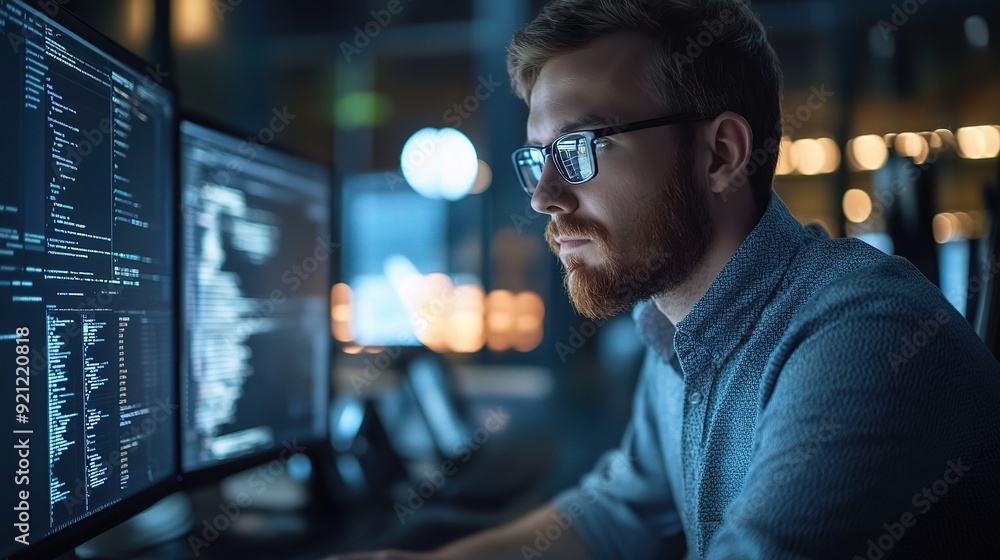 Poster focused in the digital realm: a young male coder with a neatly trimmed beard and glasses