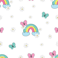 Seamless vector pattern with hand drawn Rainbows and Butterfly Trendy kids print for fabric textile 
