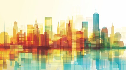 Obraz premium Abstract cityscape with warm and cool tones, reflecting on a body of water.