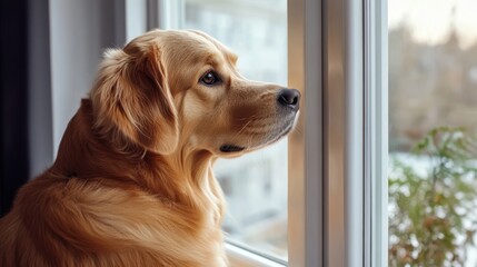 A dog retriever is looking out the window