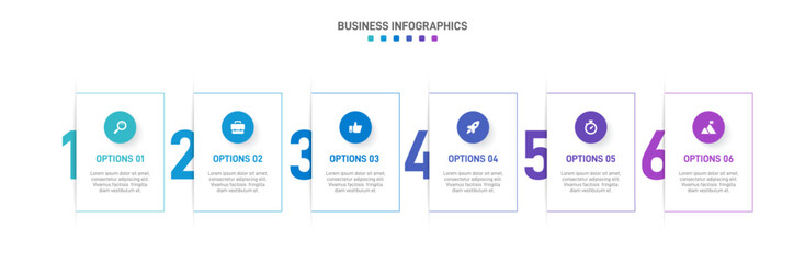 Horizontal progress bar featuring 6 arrow-shaped elements, symbolizing the six stages of business strategy and progression. Clean timeline infographic design template. Vector for presentation