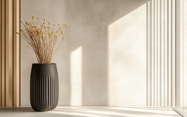 Minimalist interior design composition in neutral colors and contrasting lighting and shadows. Japandi style interiors with minimal furniture.