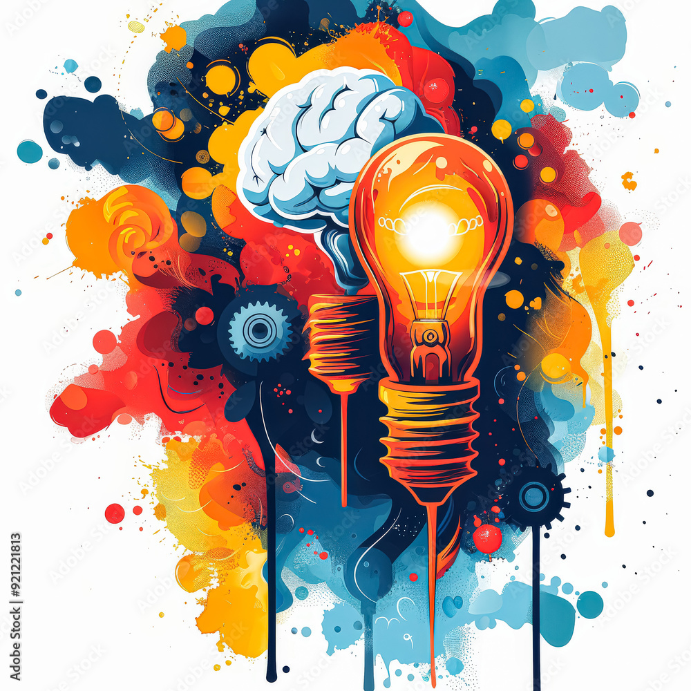 Wall mural a colorful brain with a light bulb and paintbrushes surrounding it. concept of creativity and inspir