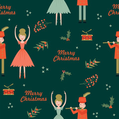 Seamless Christmas pattern with ballerina and soldier, berries, drum.