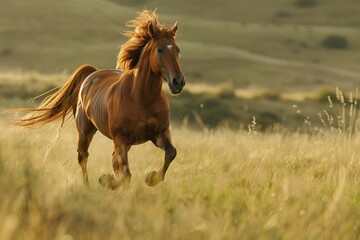 Obraz premium Galloping chestnut horse in golden meadow at sunset