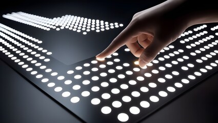 A realistic depiction of an interactive LED interface with dots lighting up in response to virtual touch, all set on a dark, high contrast background, showcasing the interactivity of modern technology