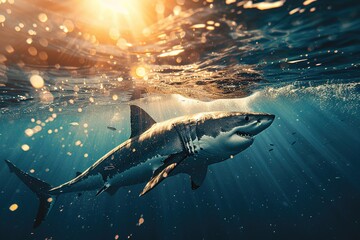 Fototapeta premium Great white shark swimming underwater with sun rays