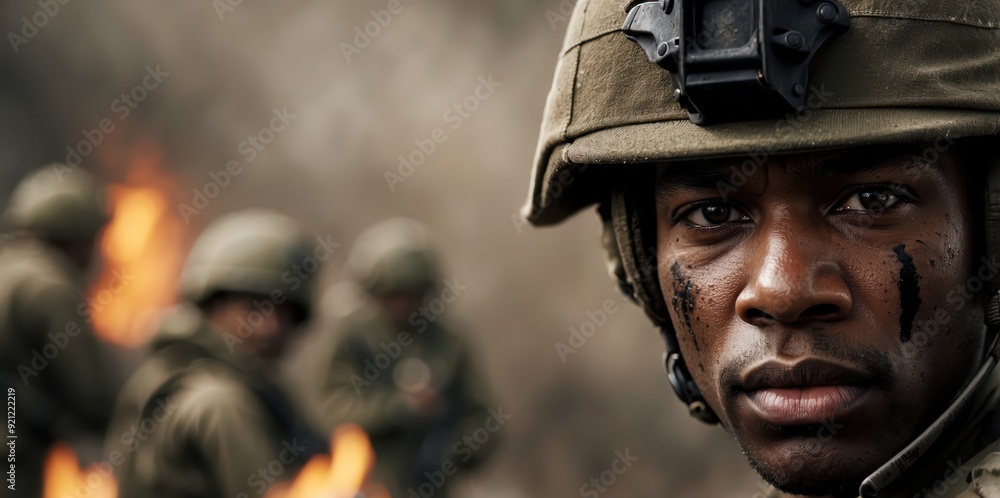 Wall mural closeup of black soldier in combat gear with intense focus