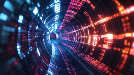 A futuristic 3D financial tunnel with dynamic light effects, offering ample space for text or graphics.