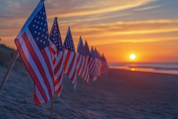 American Flags Line Up on Sandy Beach at Sunset