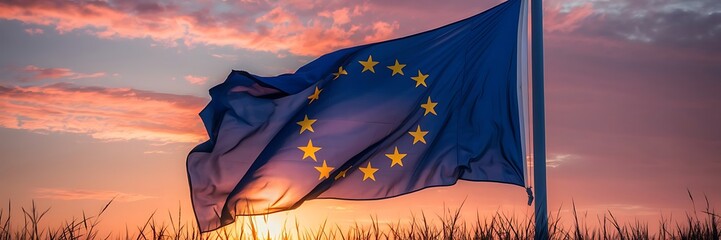 wide shot , EU / European Union flag waving in the sky , noon