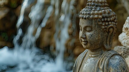 Fototapeta premium Buddha statue with a serene smile, set against a backdrop of a gently flowing waterfall. 