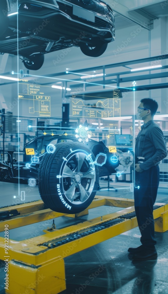 Poster advanced automotive engineers testing suspension systems in high-tech laboratory