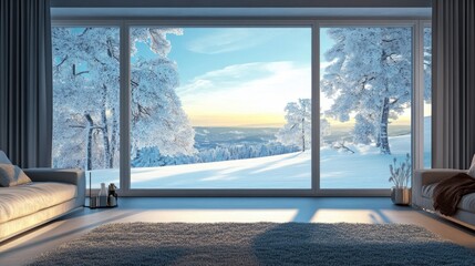 Fototapeta premium A frosted windowpane revealing a peaceful, snow-covered landscape, creating a quiet and tranquil scene.