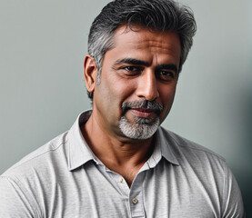 A man with a white shirt and gray hair is smiling