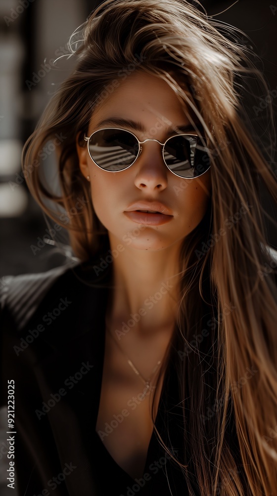 Wall mural closeup woman wearing sunglasses black jacket girl model young business flat chest thin lips teenage