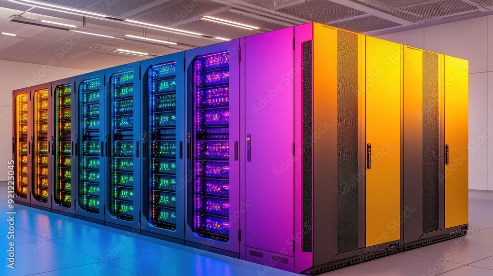 Poster a vibrant data center showcasing rows of illuminated server racks in various colors, highlighting mo