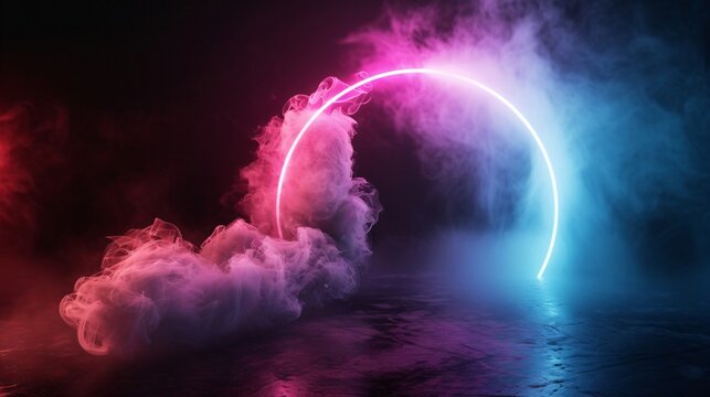 Pink and blue neon arch, round portal, circles frame with swirling smoke on floor, white fog on the floor with black background