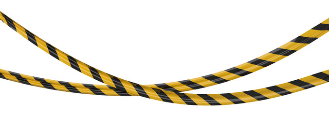 Isolated crossed hanging warning tape with yellow and black stripes. Caution ribbon.