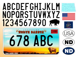 North Dakota car license plate pattern, numbers, letters and symbols, USA, United States, vector illustration