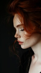 Fototapeta premium woman red hair freckles face reddish quivering lips cheeks porcelain skin dreams poetry orange palette profile pose faerie italian looking gray natural