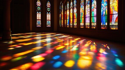 A peaceful room illuminated by light streaming through a stained glass window, casting colorful patterns on the floor.