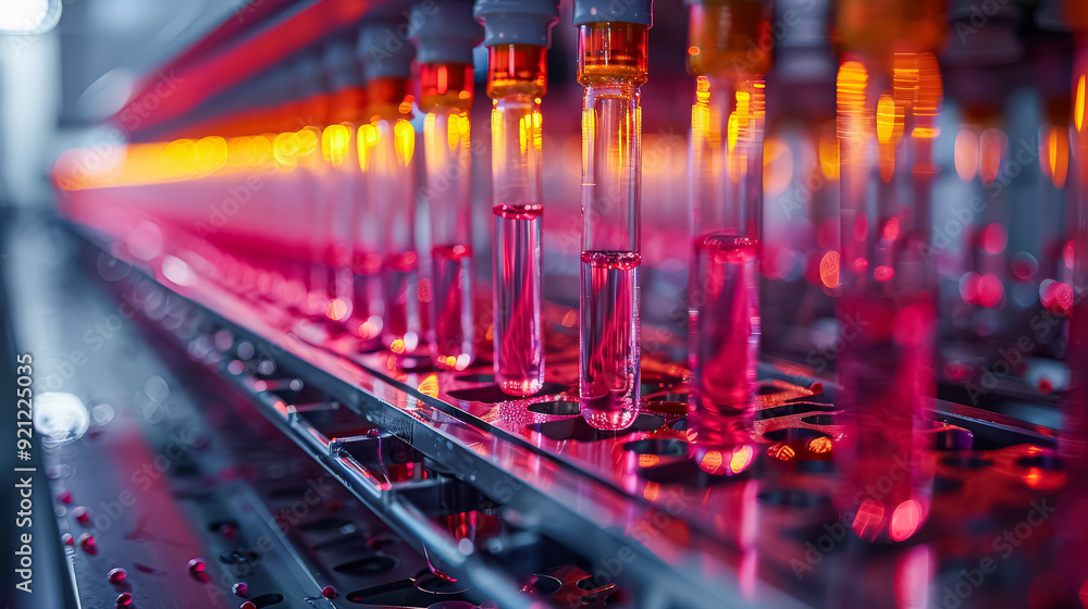 Aufkleber a row of red bottles with a glowing light on top. the bottles are lined up on a conveyor belt