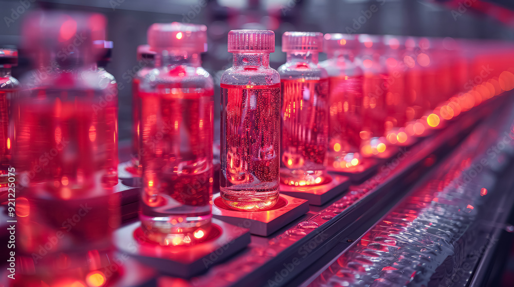Aufkleber a row of red bottles with a glowing light on top. the bottles are lined up on a conveyor belt
