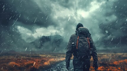 Naklejka premium ..Young man braves the elements while traveling in a stormy landscape.