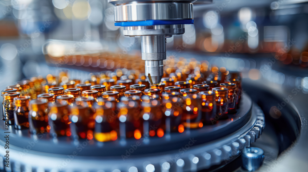 Aufkleber a machine is filling bottles with a liquid. the bottles are brown and there are many of them